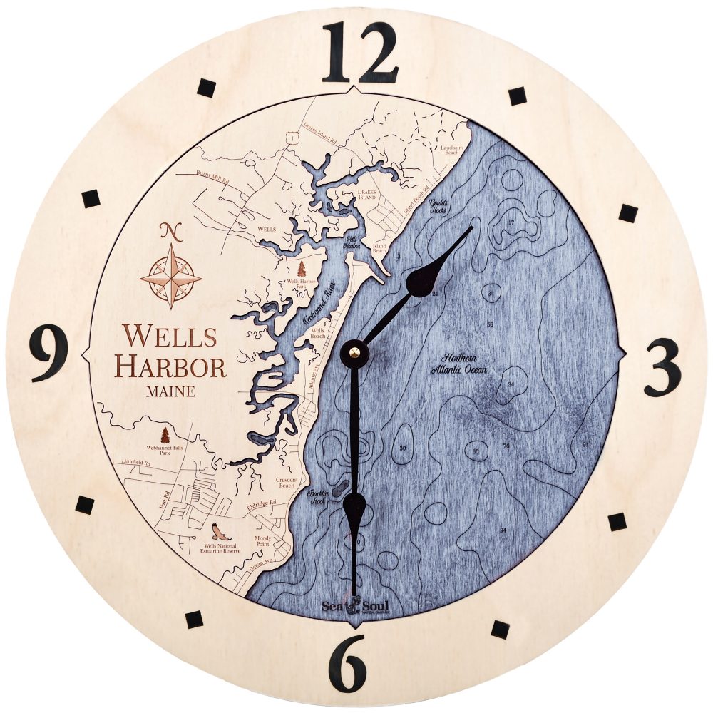 Wells Harbor Nautical Clock Birch Accent with Deep Blue Water Product Shot