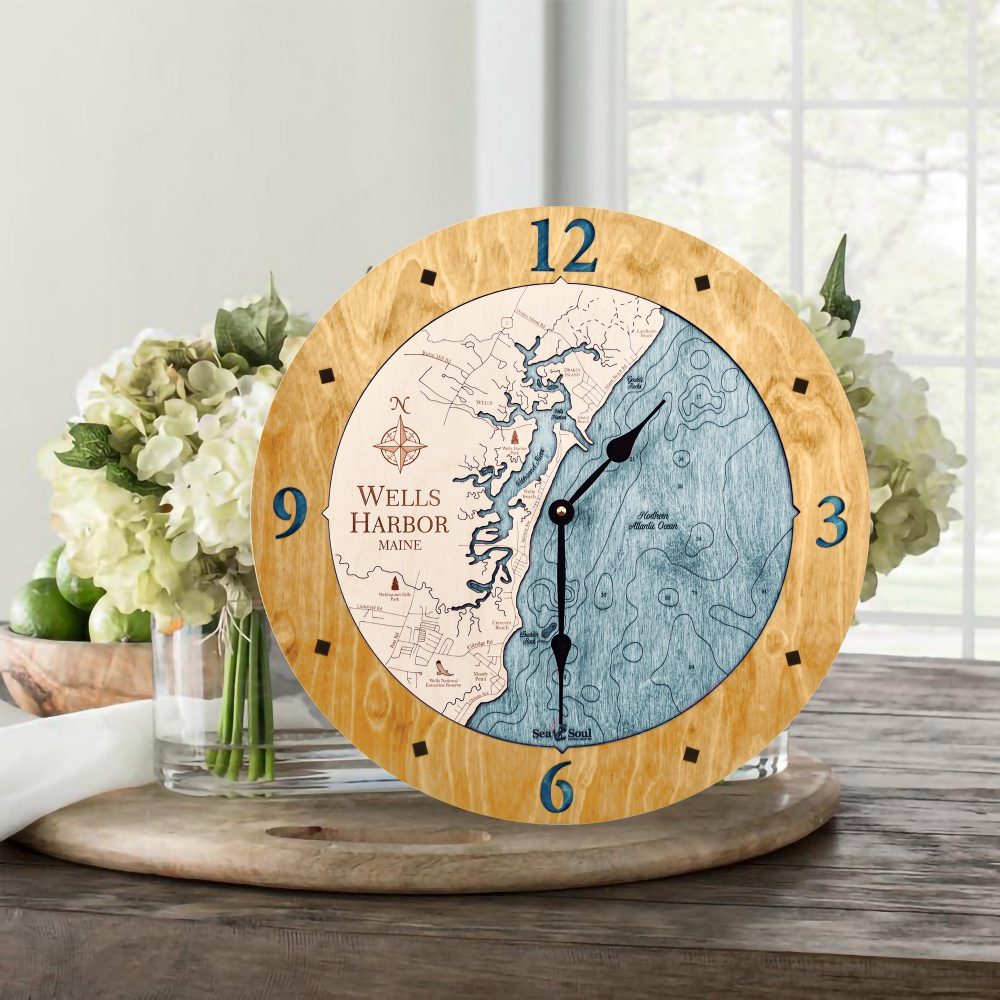 Wells Harbor Nautical Clock Honey Accent with Blue Green Water Sitting on Table with Flowers