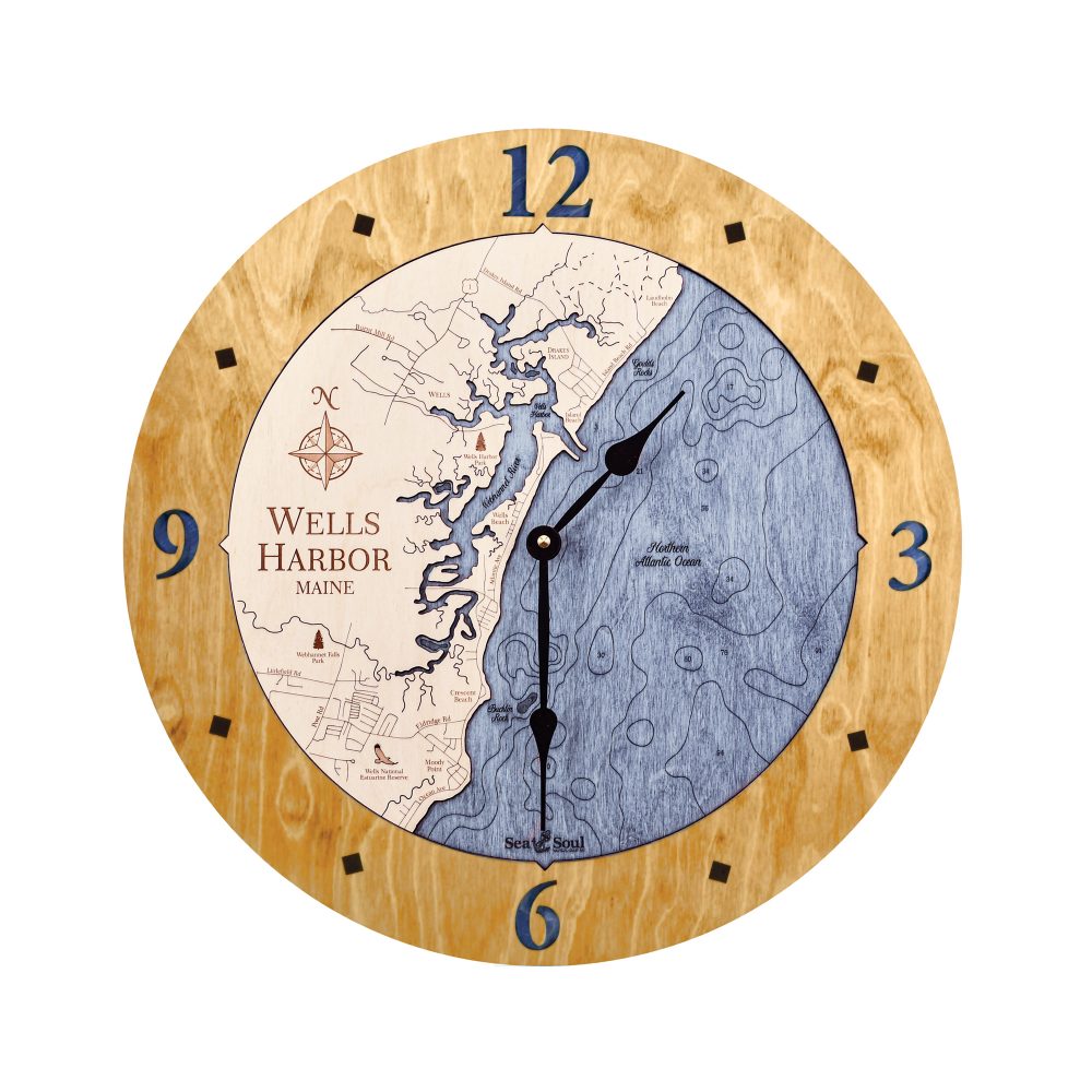 Wells Harbor Nautical Clock Honey Accent with Deep Blue Water
