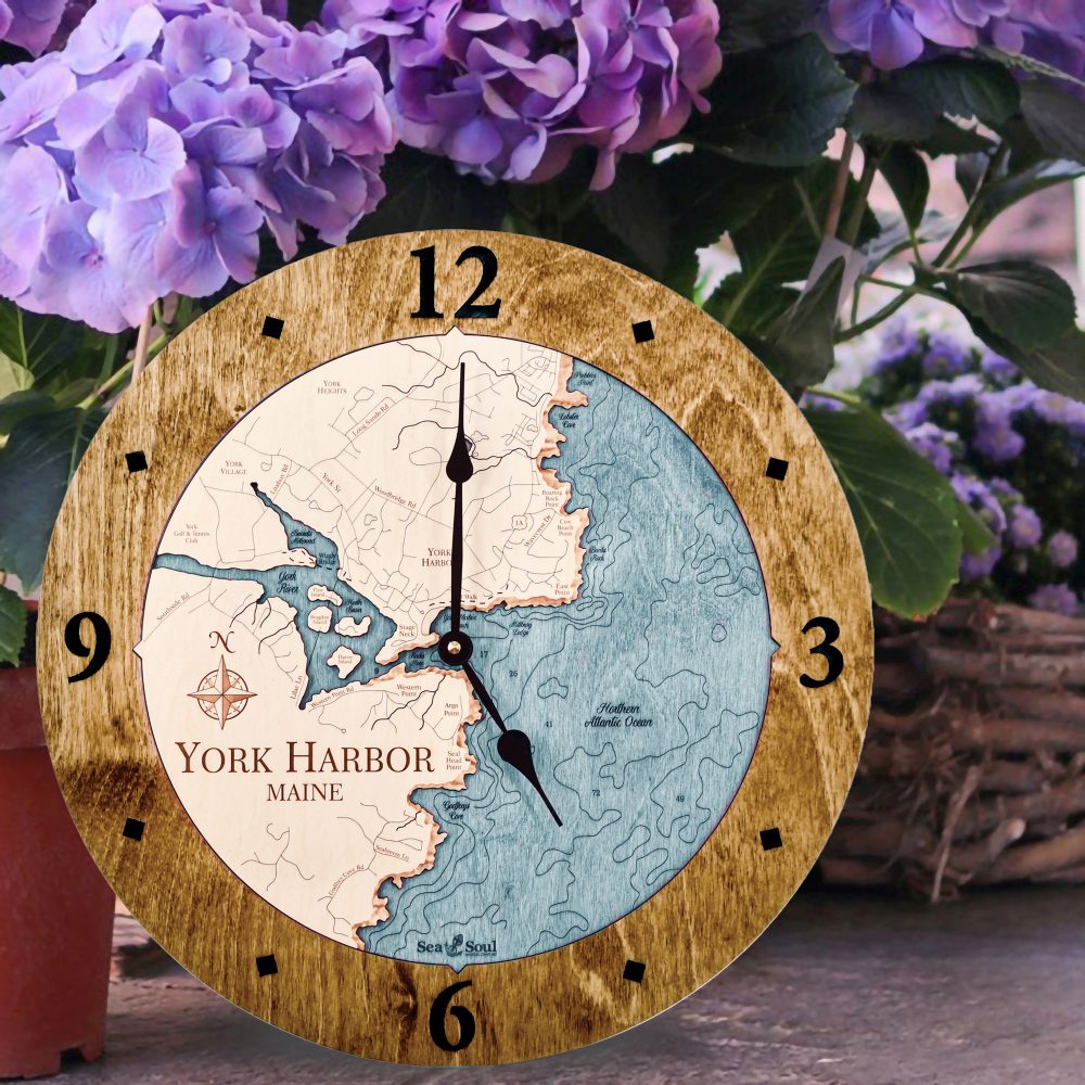 York Harbor Nautical Clock Americana Accent with Blue Green Water Sitting on Ground by Flower Pot
