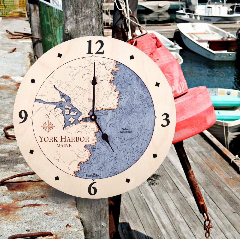 York Harbor Nautical Clock Birch Accent with Deep Blue Water Hanging on Dock Post
