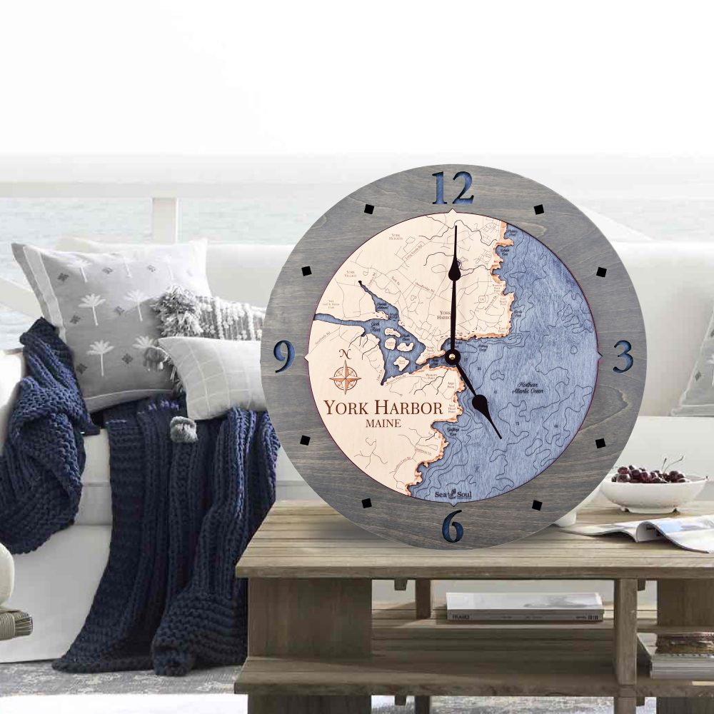 York Harbor Nautical Clock Driftwood Accent with Deep Blue Water Sitting on Coffee Table
