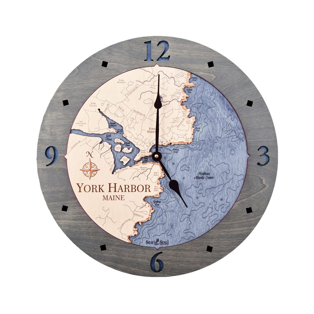 York Harbor Nautical Clock Driftwood Accent with Deep Blue Water