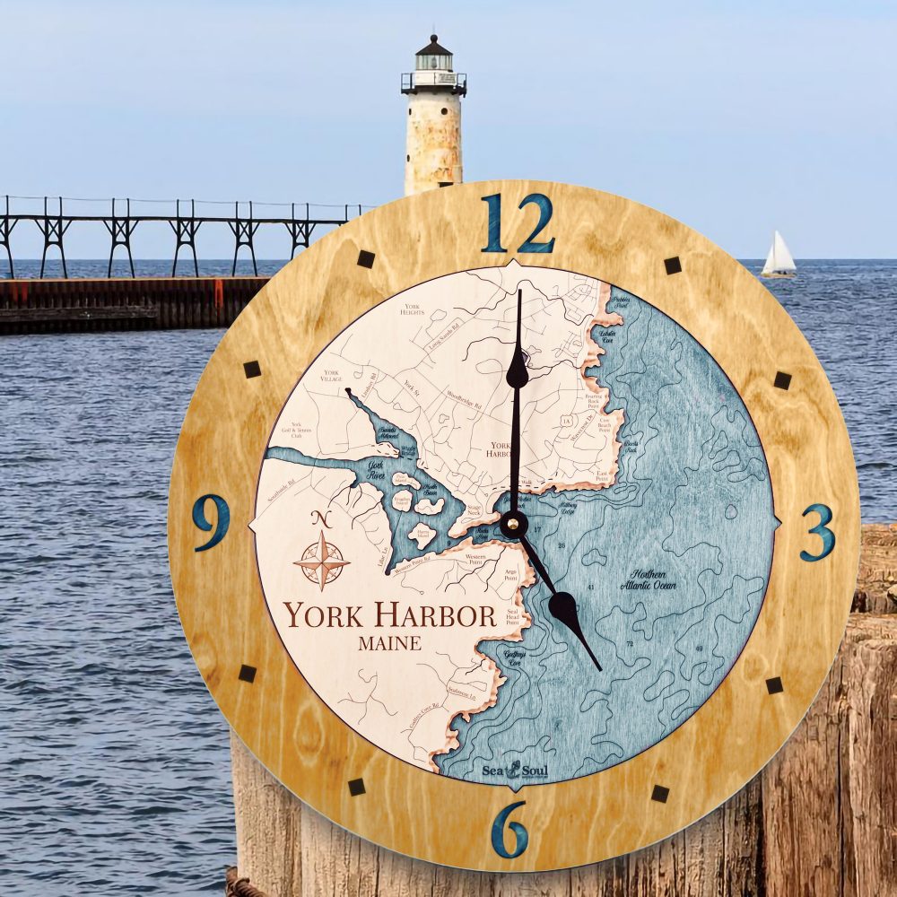 York Harbor Nautical Clock Honey Accent with Blue Green Water Hanging on Dock Post by Lighthouse