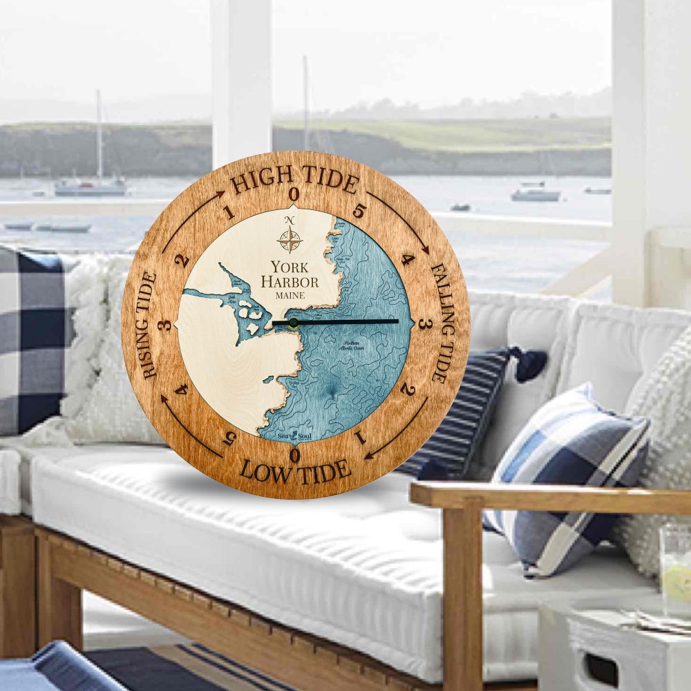 York Harbor Tide Clock Americana Accent with Blue Green Water Sitting on Outdoor Couch