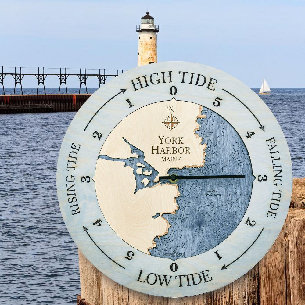 York Harbor Tide Clock Bleach Blue Accent with Deep Blue Water Hanging on Dock Post by Lighthouse