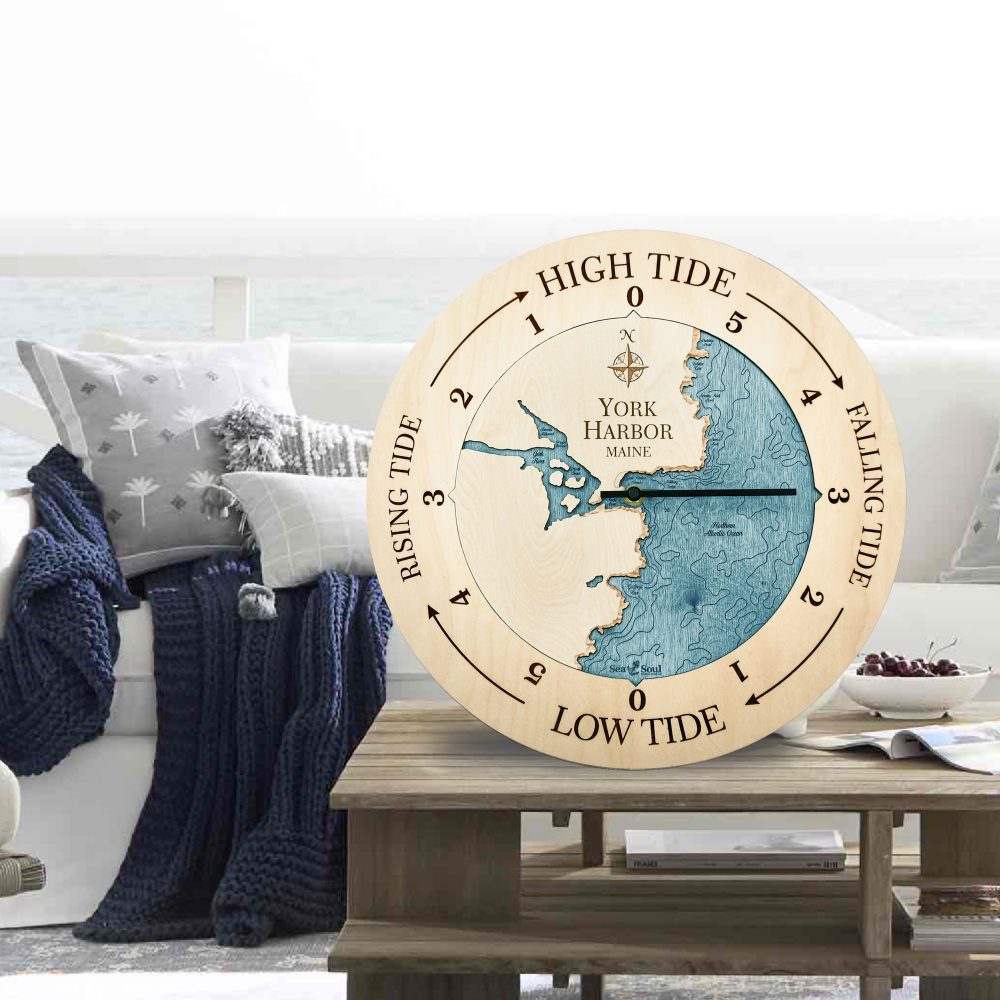 York Harbor Tide Clock Birch Accent with Blue Green Water Sitting on Outdoor Table