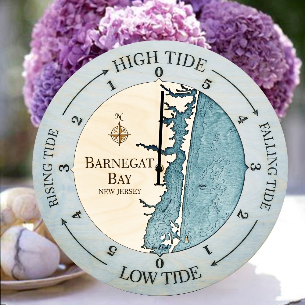 Barnegat Bay Tide Clock Bleach Blue Accent with Blue Green Water Sitting on Table with Flowers