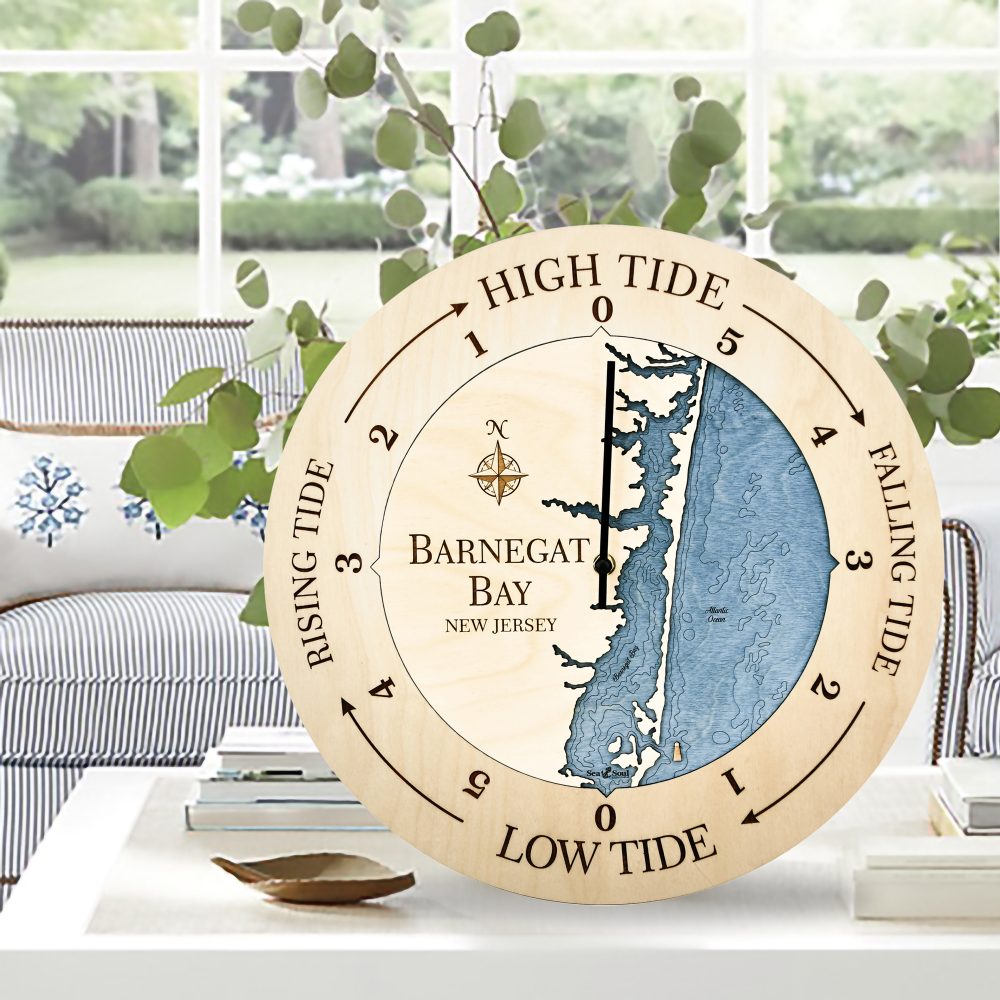 Barnegat Bay Tide Clock Birch Accent with Deep Blue Water Sitting on Coffee Table