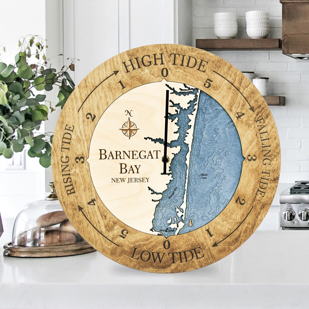 Barnegat Bay Tide Clock Honey Accent with Deep Blue Water Sitting on Countertop