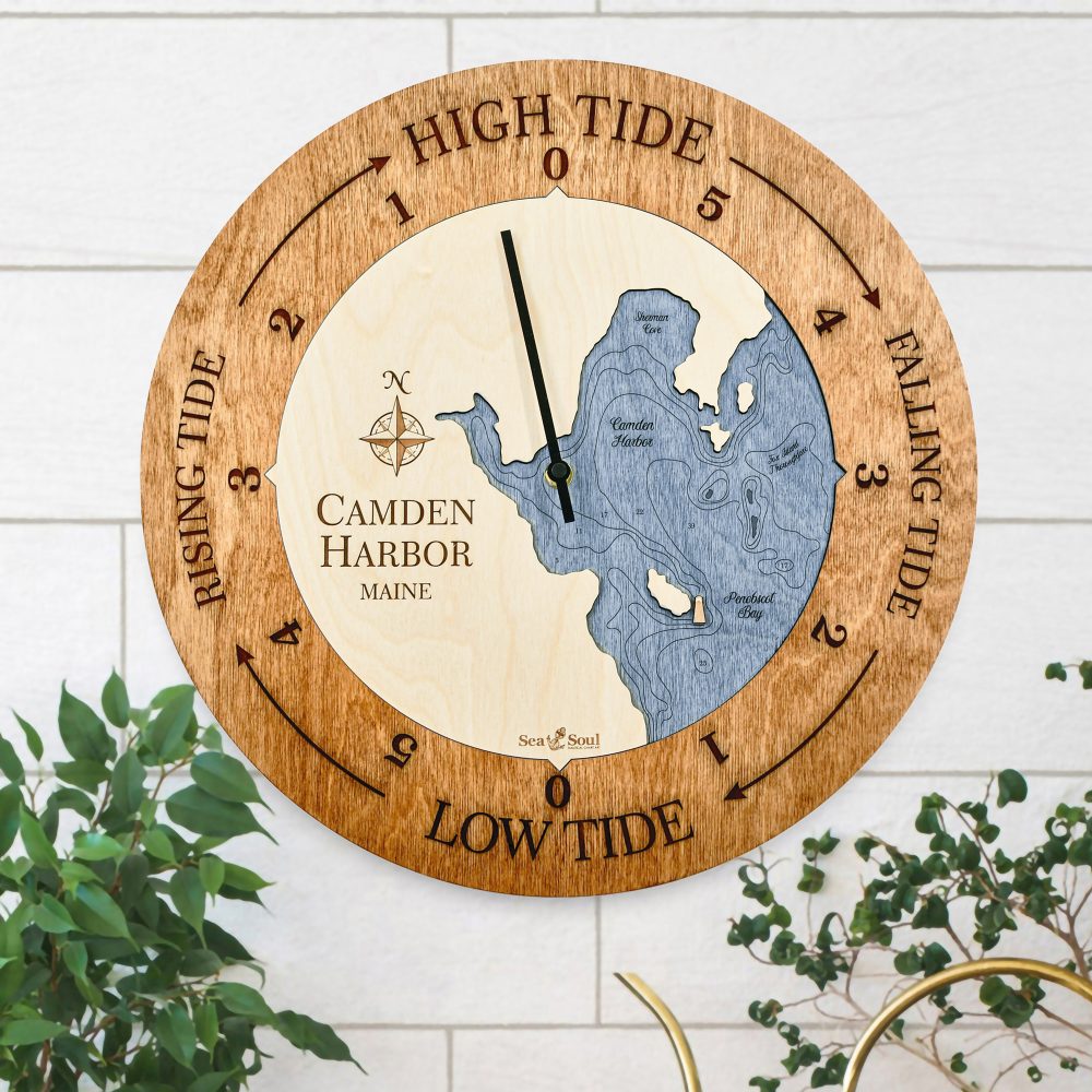 Camden Harbor Tide Clock Americana Accent with Deep Blue Water Hanging on Fence