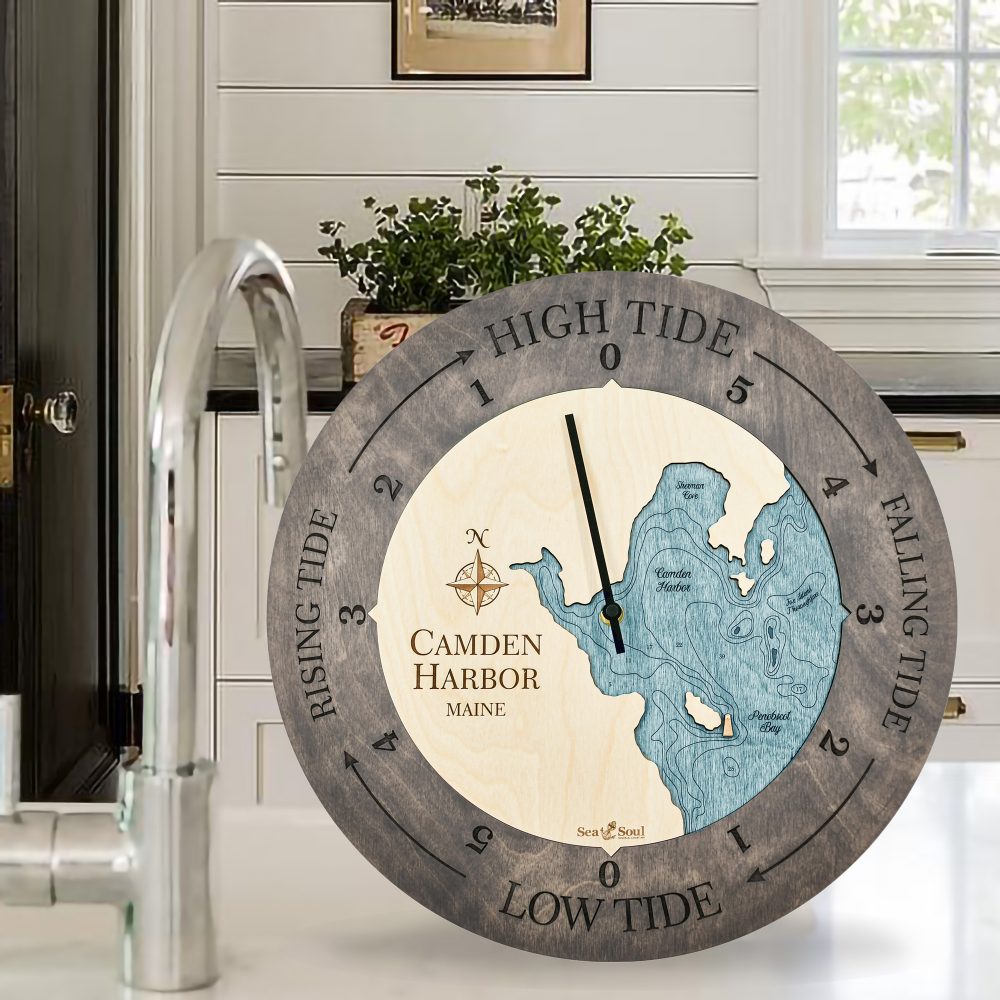 Camden Harbor Tide Clock Driftwood Accent with Blue Green Water Sitting on Countertop