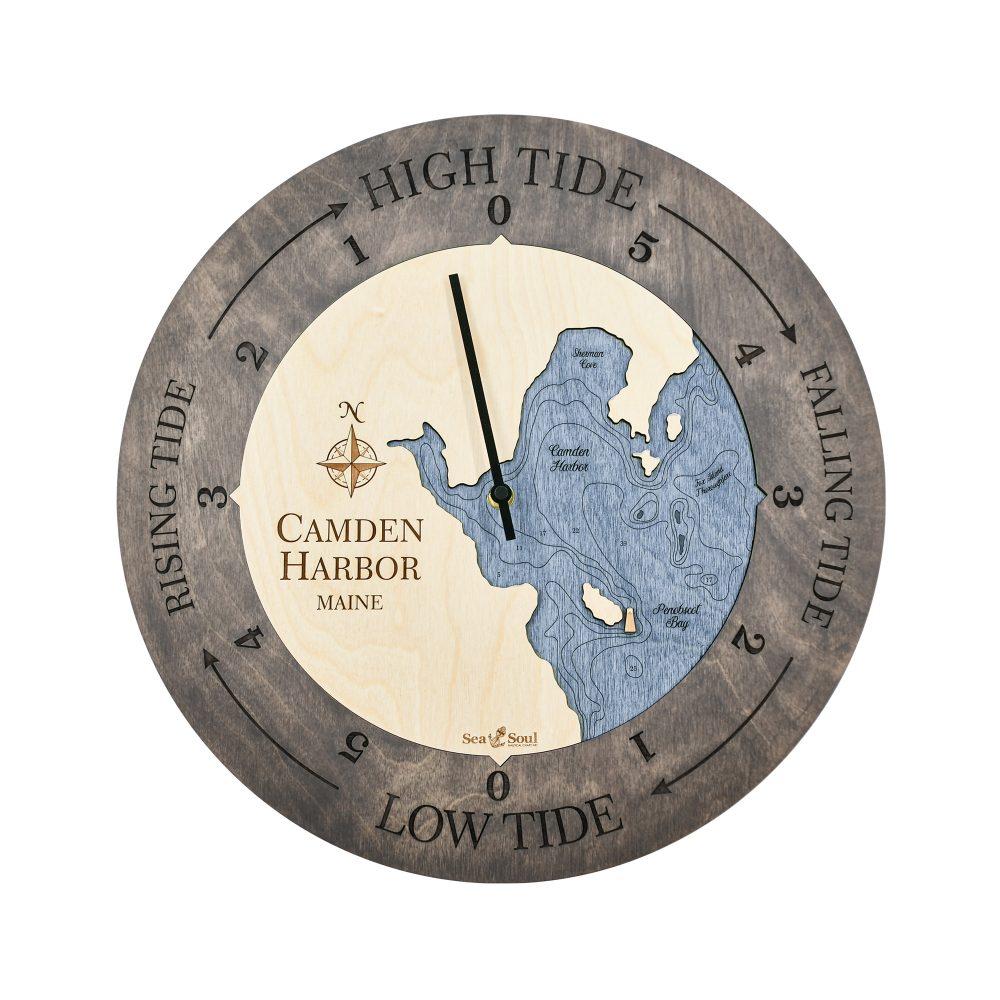 Camden Harbor Tide Clock Driftwood Accent with Deep Blue Water
