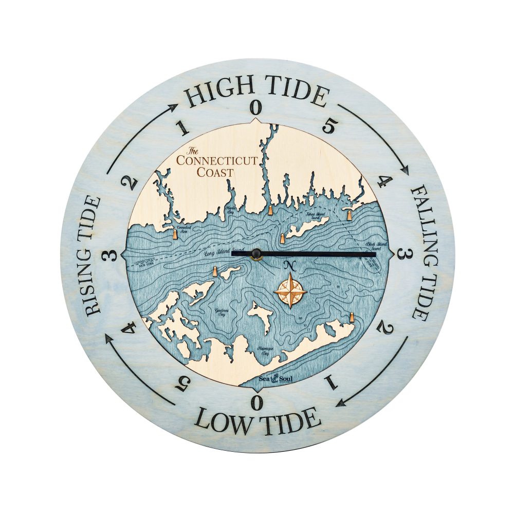 Connecticut Coast Tide Clock Bleach Blue Accent with Blue Green Water