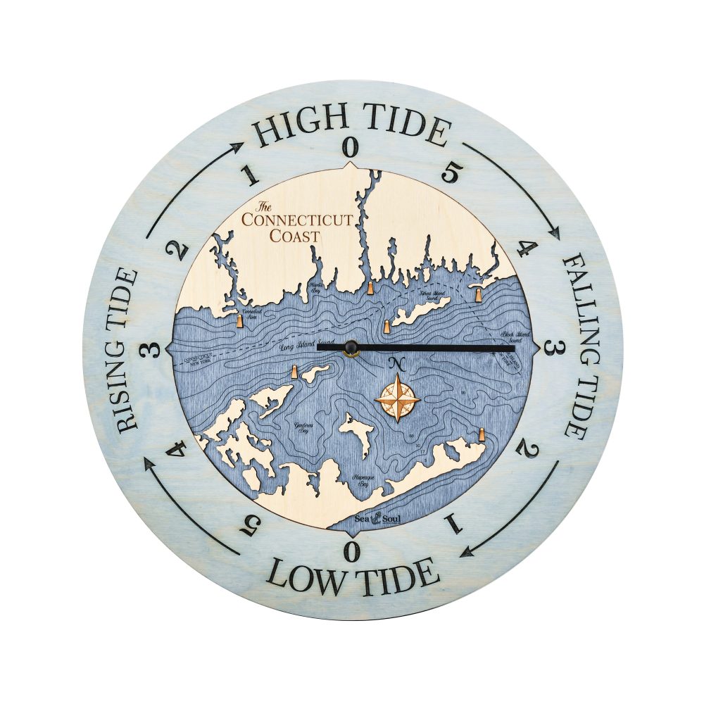 Connecticut Coast Tide Clock Bleach Blue Accent with Deep Blue Water