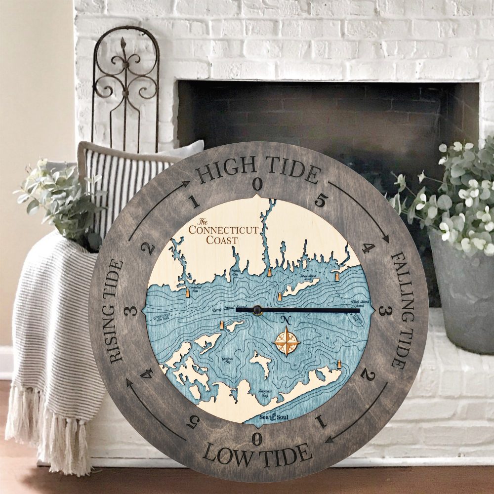 Connecticut Coast Tide Clock Driftwood Accent with Blue Green Water Sitting by Fireplace