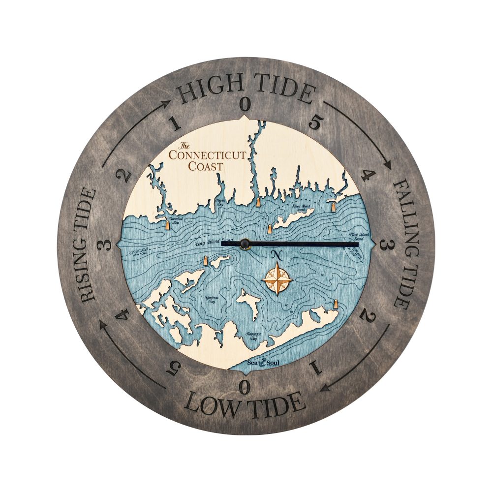 Connecticut Coast Tide Clock Driftwood Accent with Blue Green Water