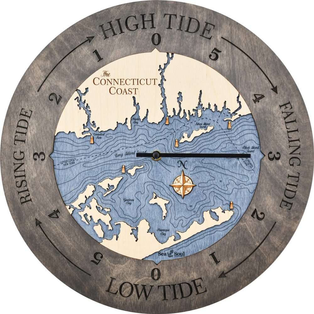 Connecticut Coast Tide Clock Driftwood Accent with Deep Blue Water Product Shot