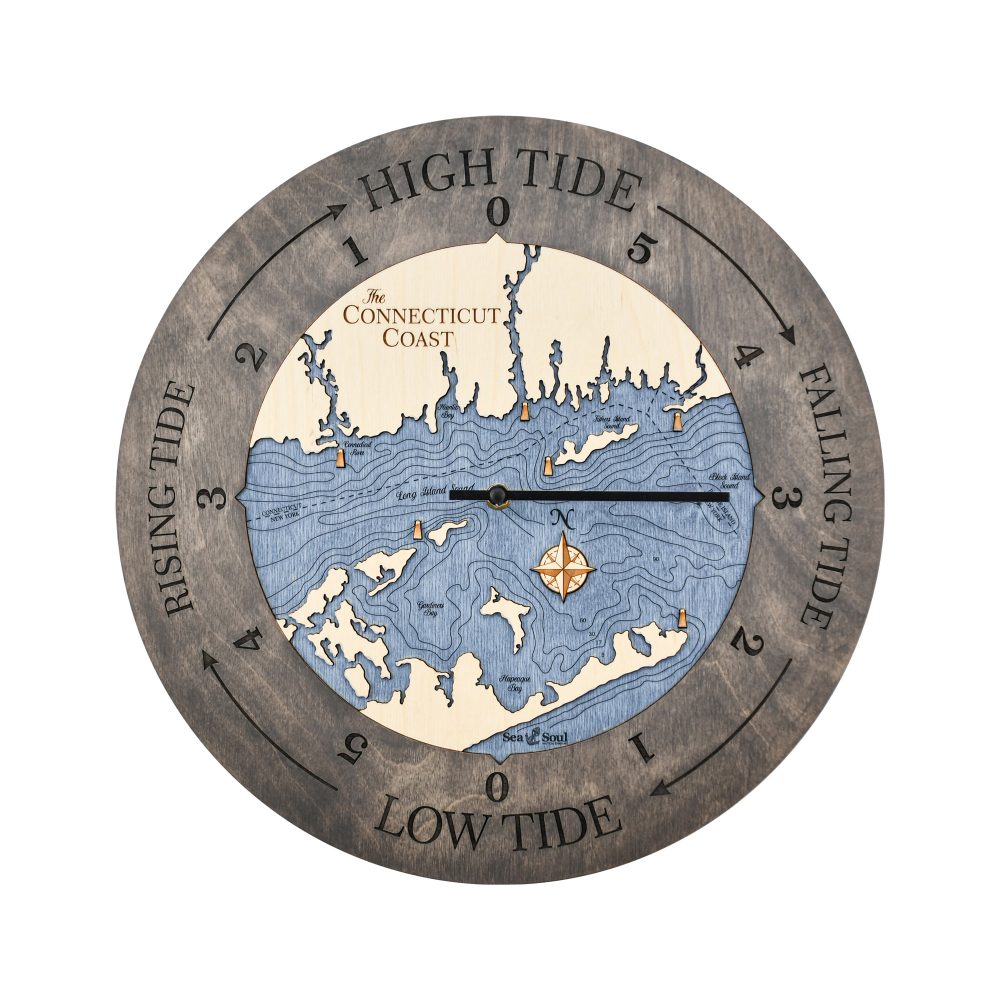 Connecticut Coast Tide Clock Driftwood Accent with Deep Blue Water