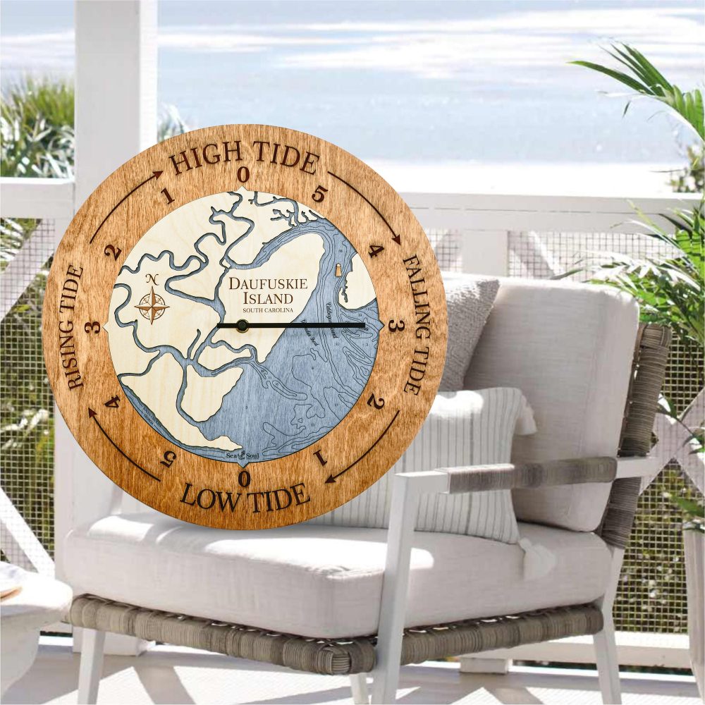 Daufuskie Island Tide Clock Americana Accent with Deep Blue Water Sitting on Outdoor Chair