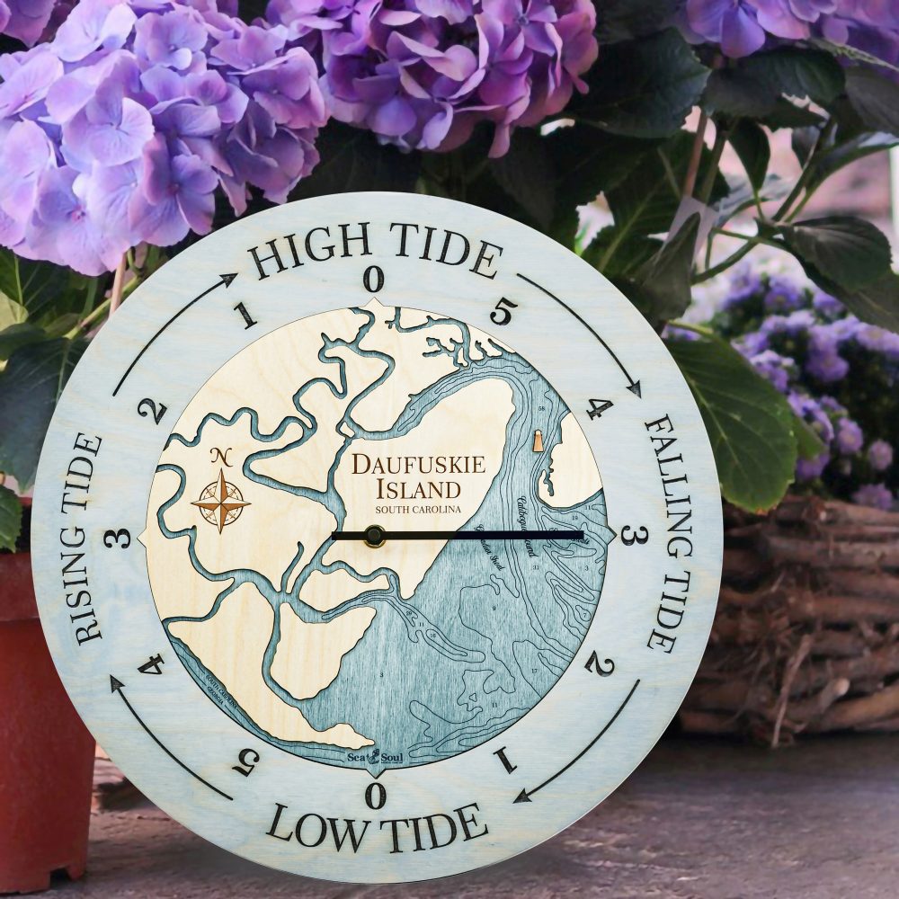 Daufuskie Island Tide Clock Bleach Blue Accent with Blue Green Water Sitting Outside by Flower Pot