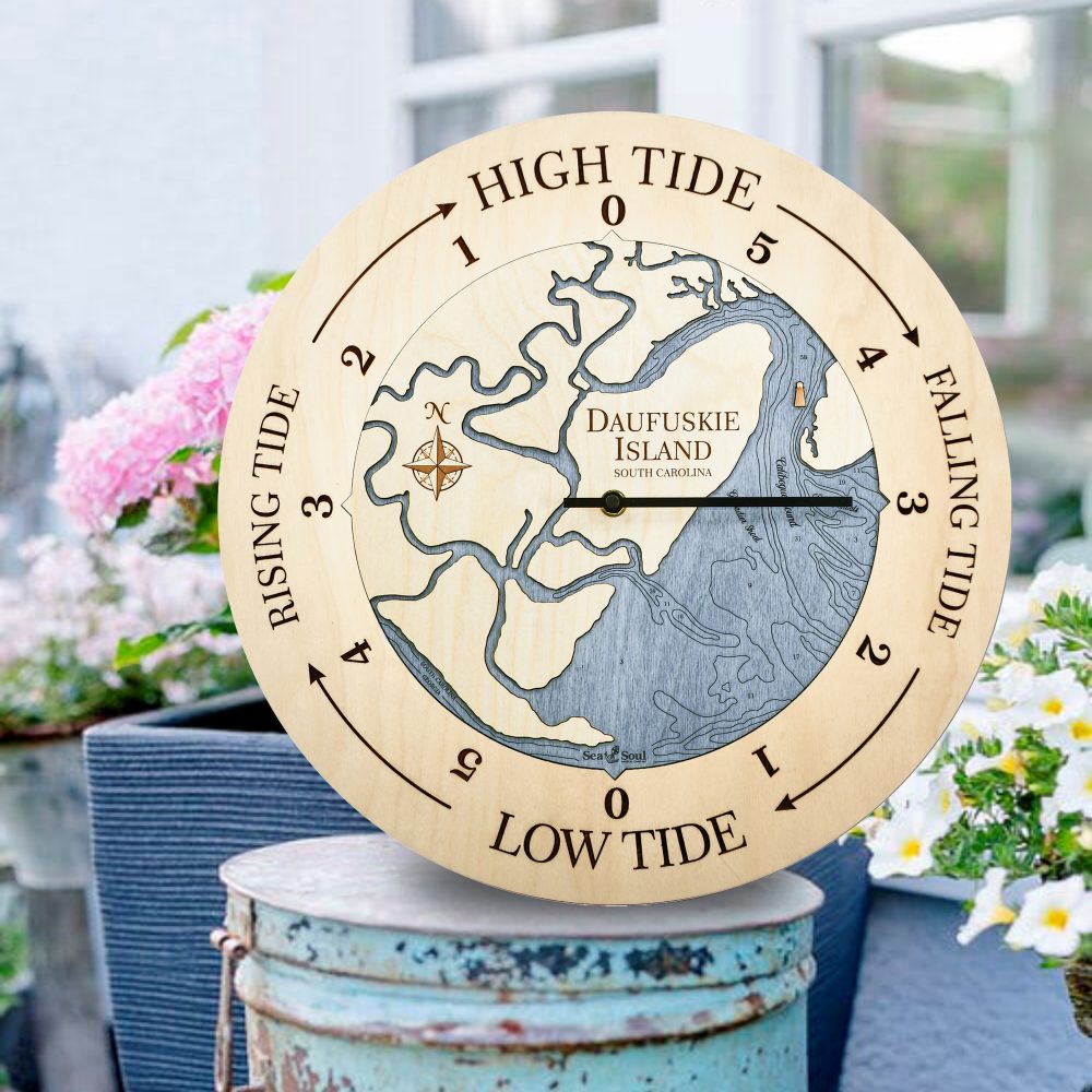 Daufuskie Island Tide Clock Birch Accent with Deep Blue Water Sitting on Bucket Outside by Flowers