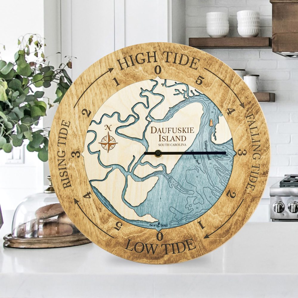 Daufuskie Island Tide Clock Honey Accent with Blue Green Water Sitting on Countertop