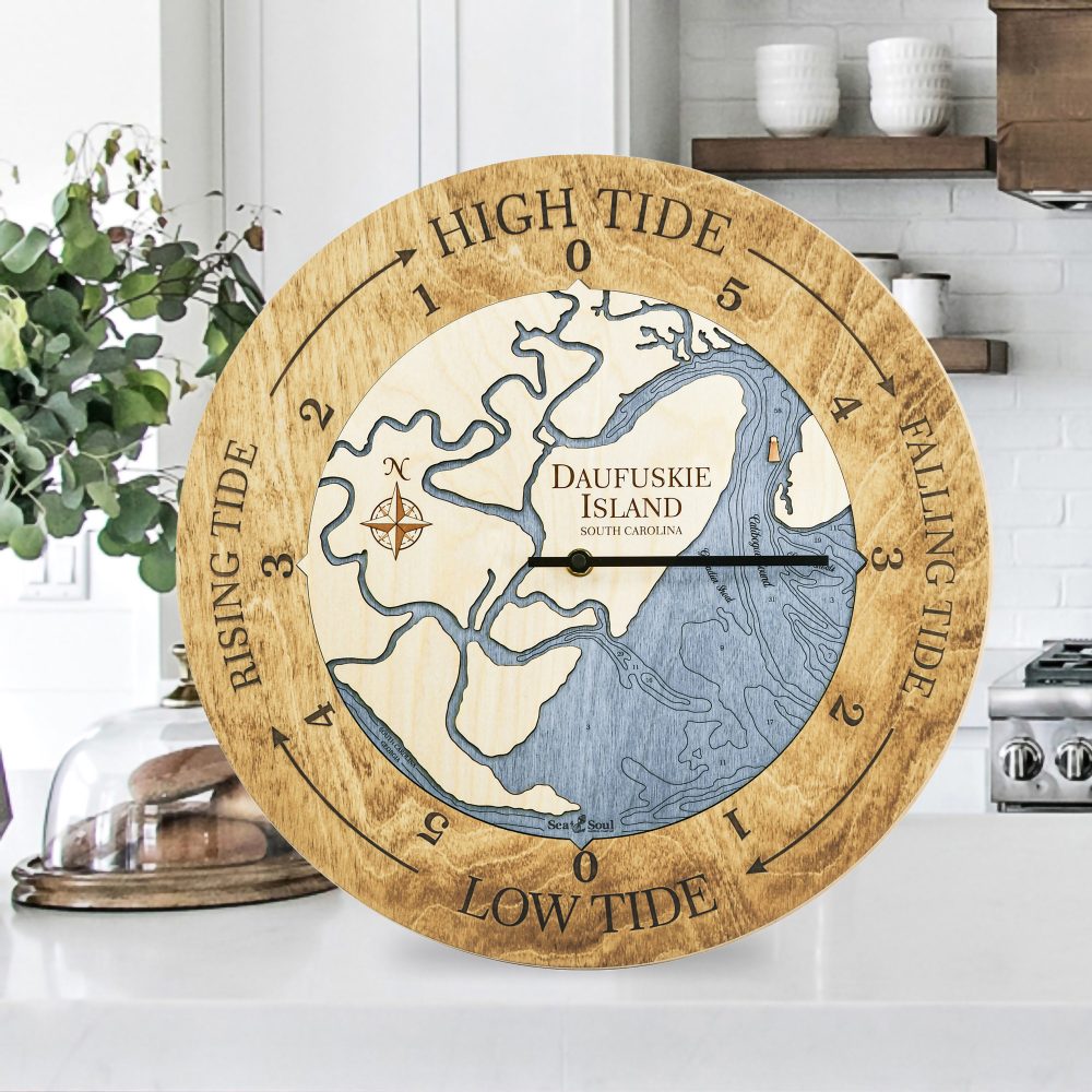 Daufuskie Island Tide Clock Honey Accent with Deep Blue Water Sitting on Countertop
