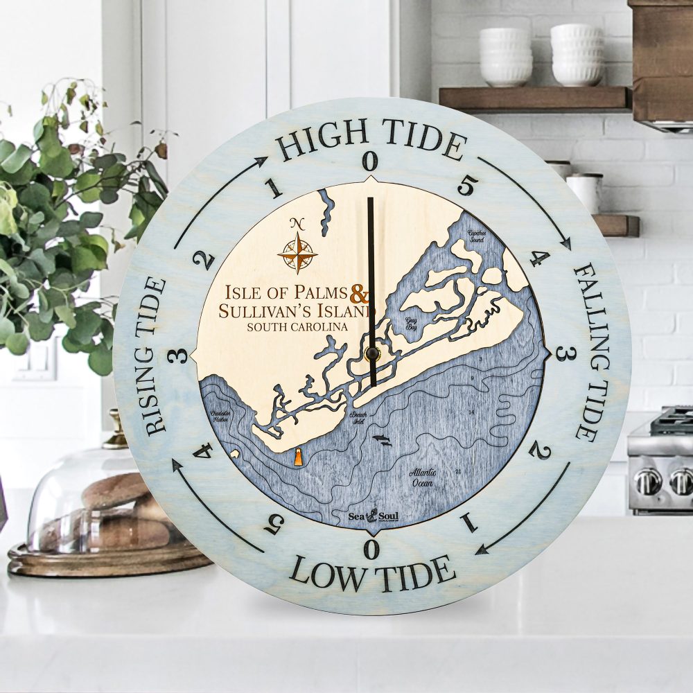 Isle of Palms Tide Clock Bleach Blue Accent with Deep Blue Water Sitting on Countertop