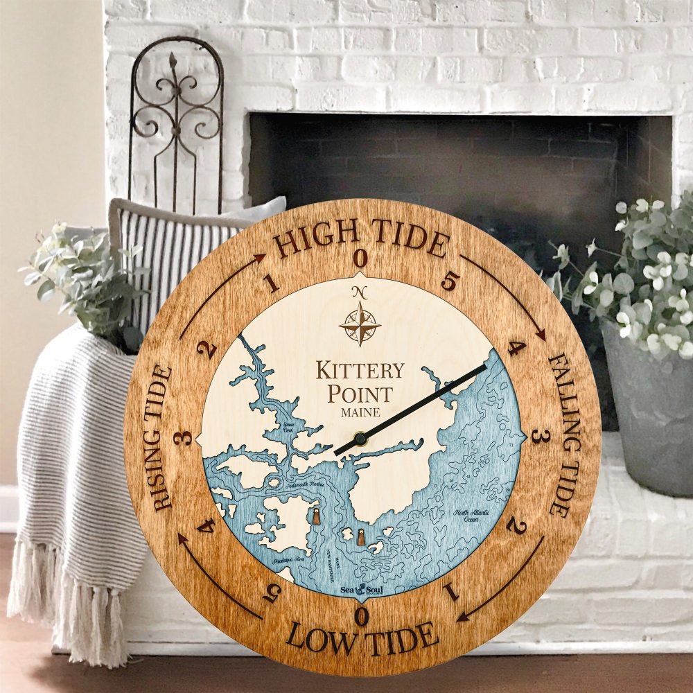 Kittery Point Tide Clock Americana Accent with Blue Green Water Sitting by Fireplace