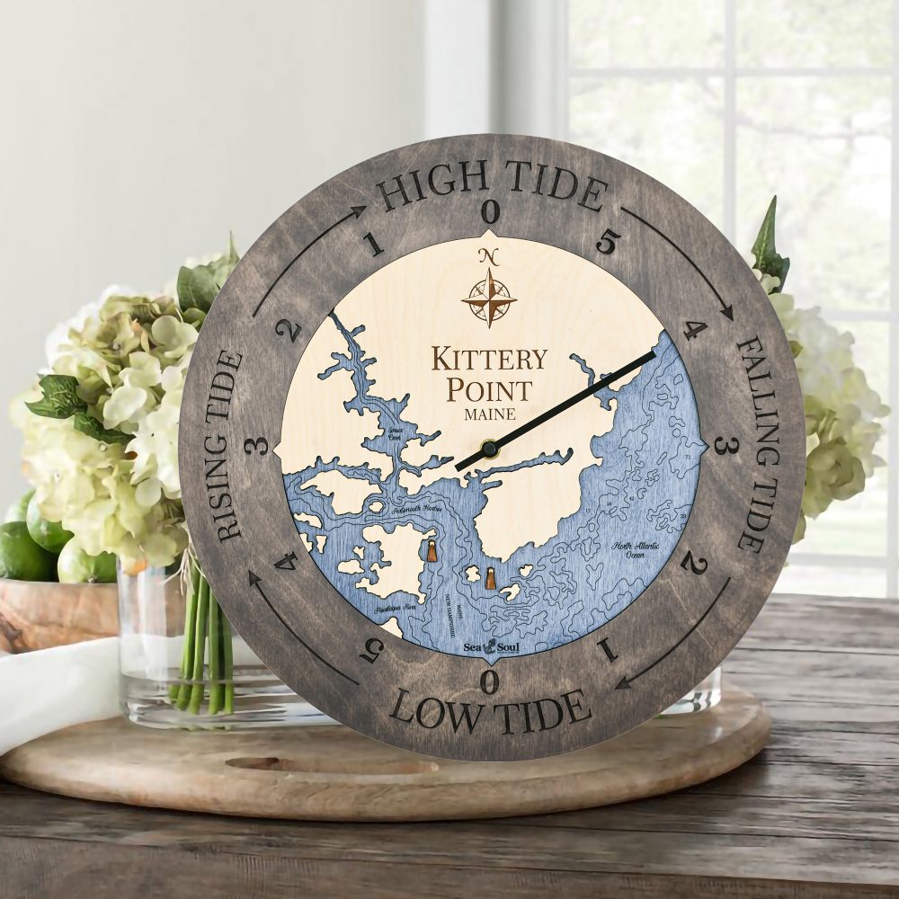 Kittery Point Tide Clock Driftwood Accent with Deep Blue Water Sitting on Table with Flowers