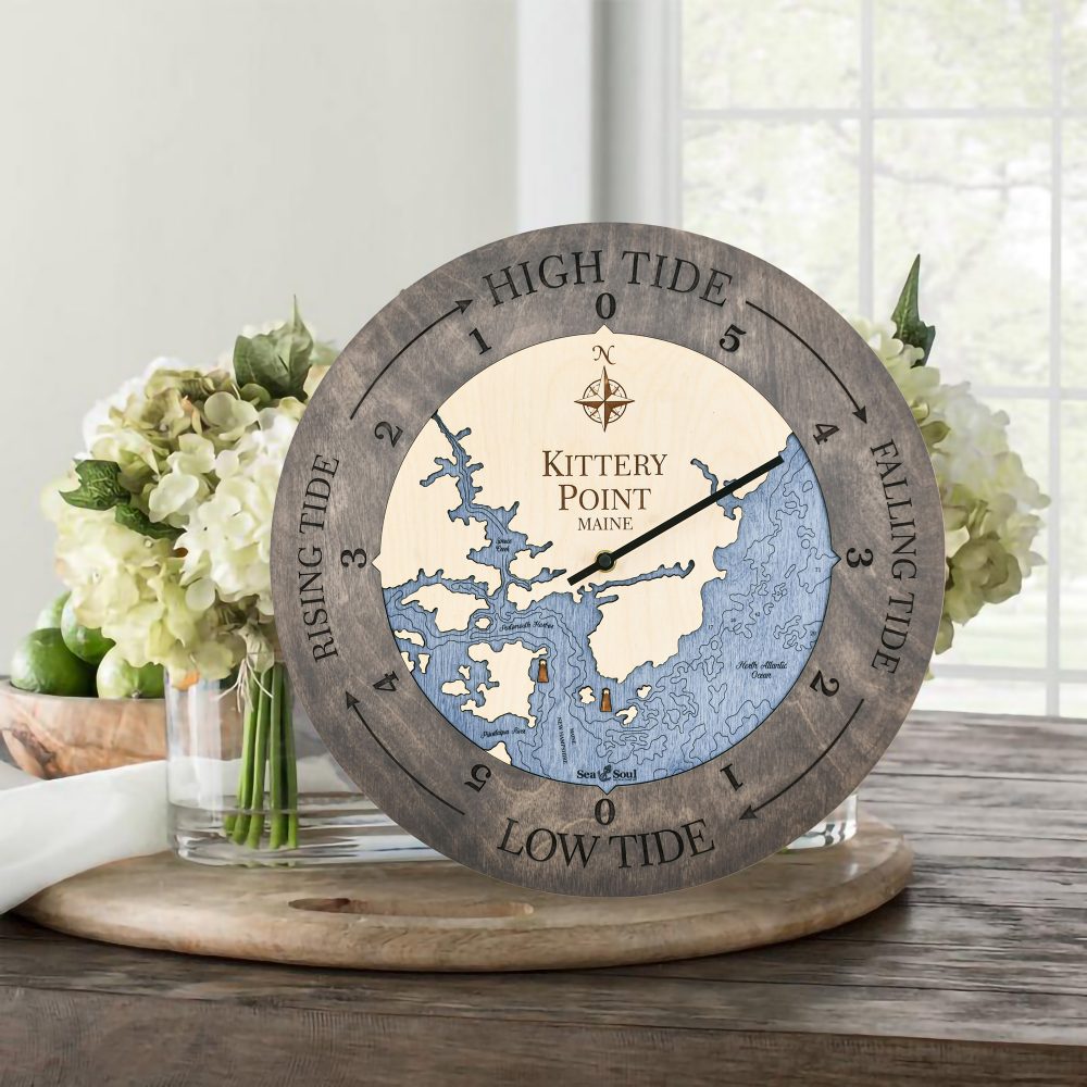 Kittery Point Tide Clock Driftwood Accent with Deep Blue Water Sitting on Table with Flowers