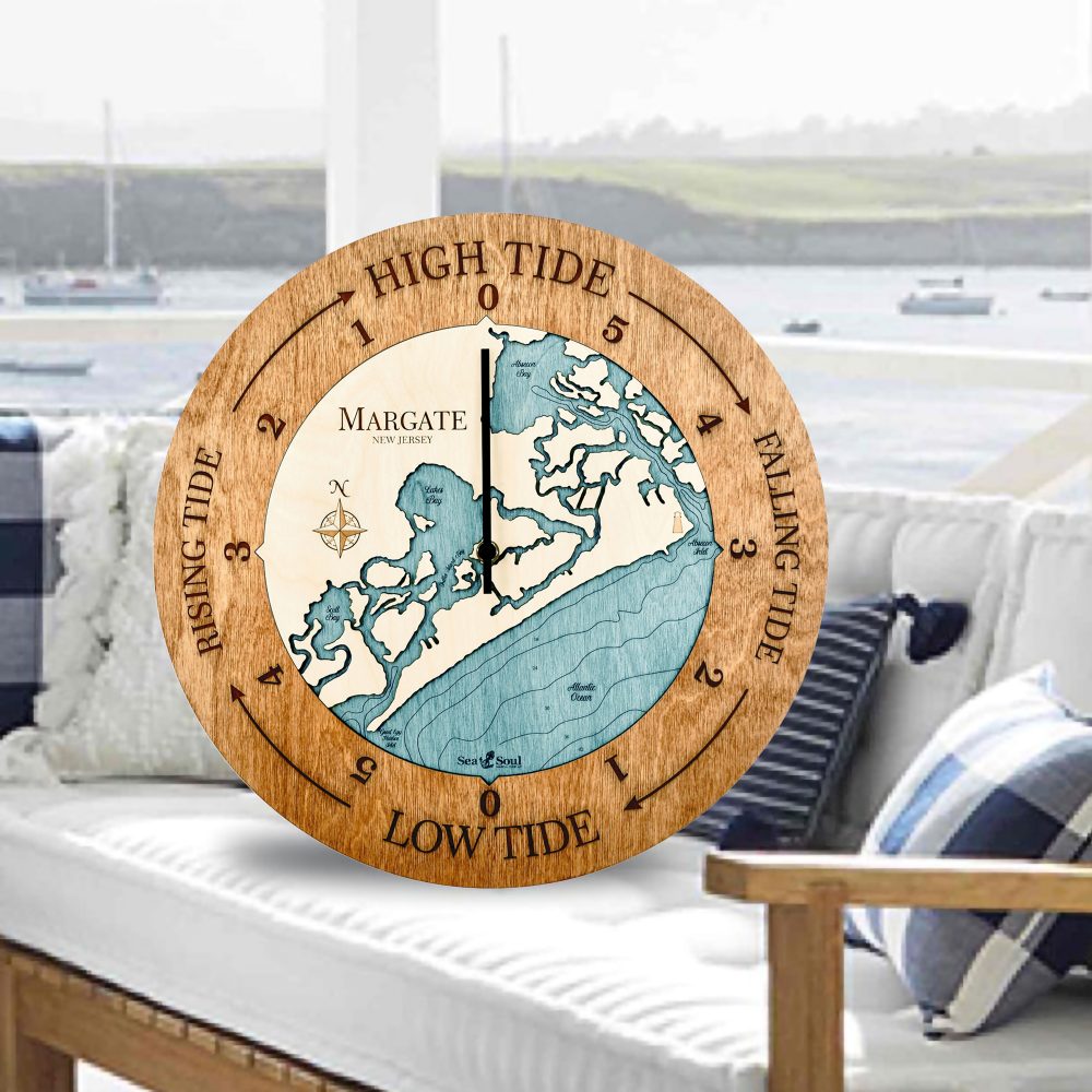 Margate New Jersey Tide Clock Americana Accent with Blue Green Water Sitting on Outdoor Chair