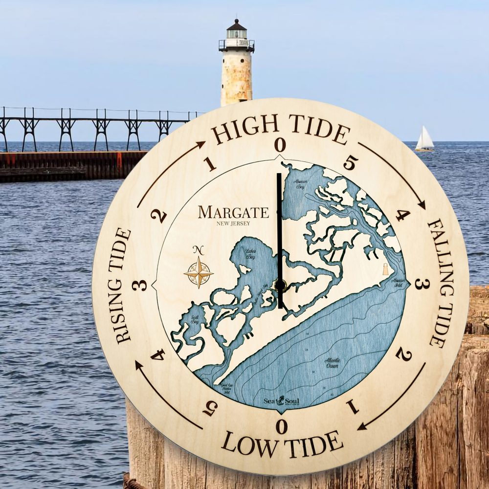 Margate New Jersey Tide Clock Birch Accent with Deep Blue Water Hanging on Post by Lighthouse and Waterfront