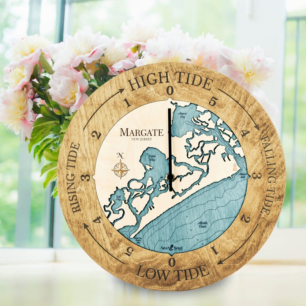 Margate New Jersey Tide Clock Honey Accent with Blue Green Water Sitting on Windowsill with Flowers