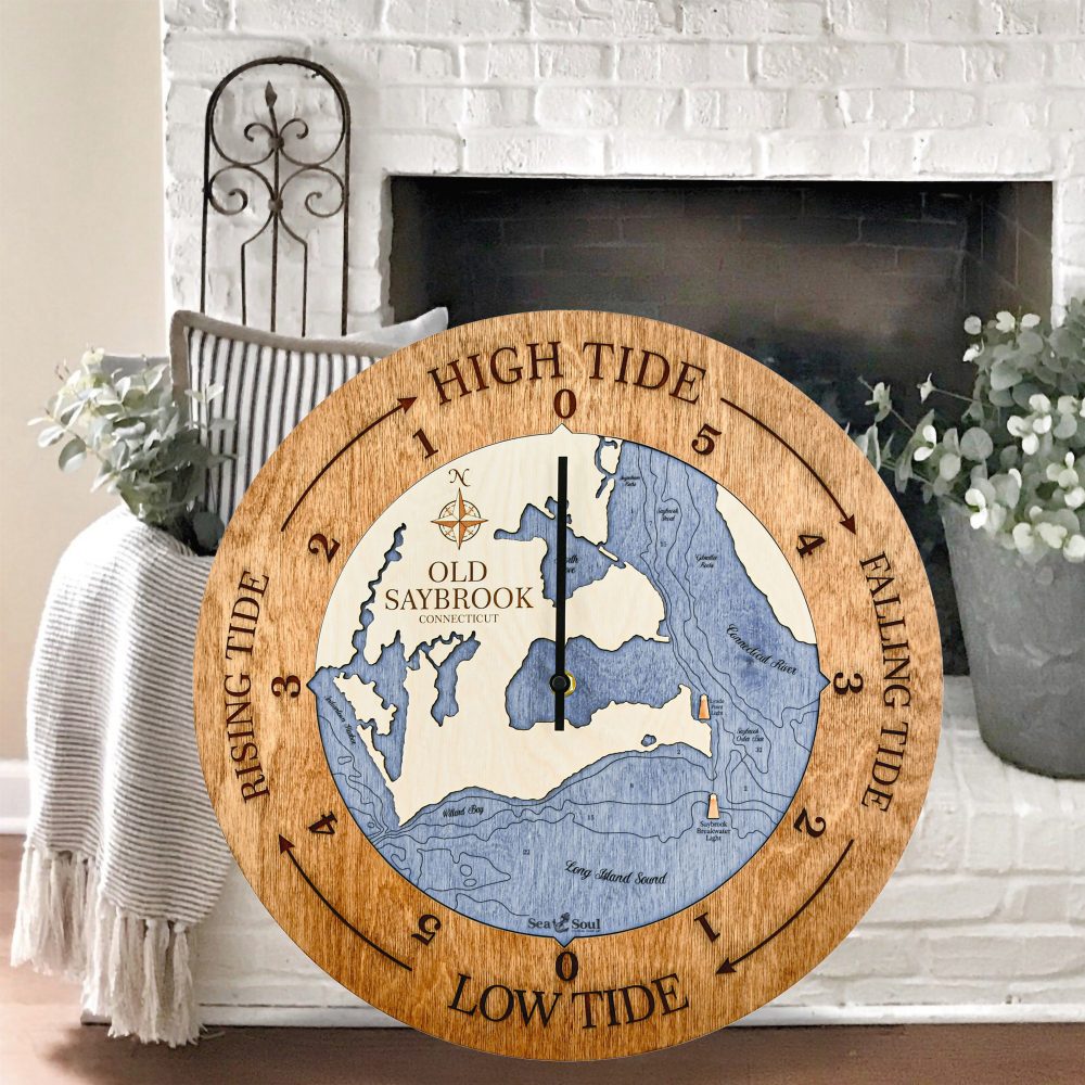 Old Saybrook Tide Clock Americana Accent with Deep Blue Water Sitting by Fireplace