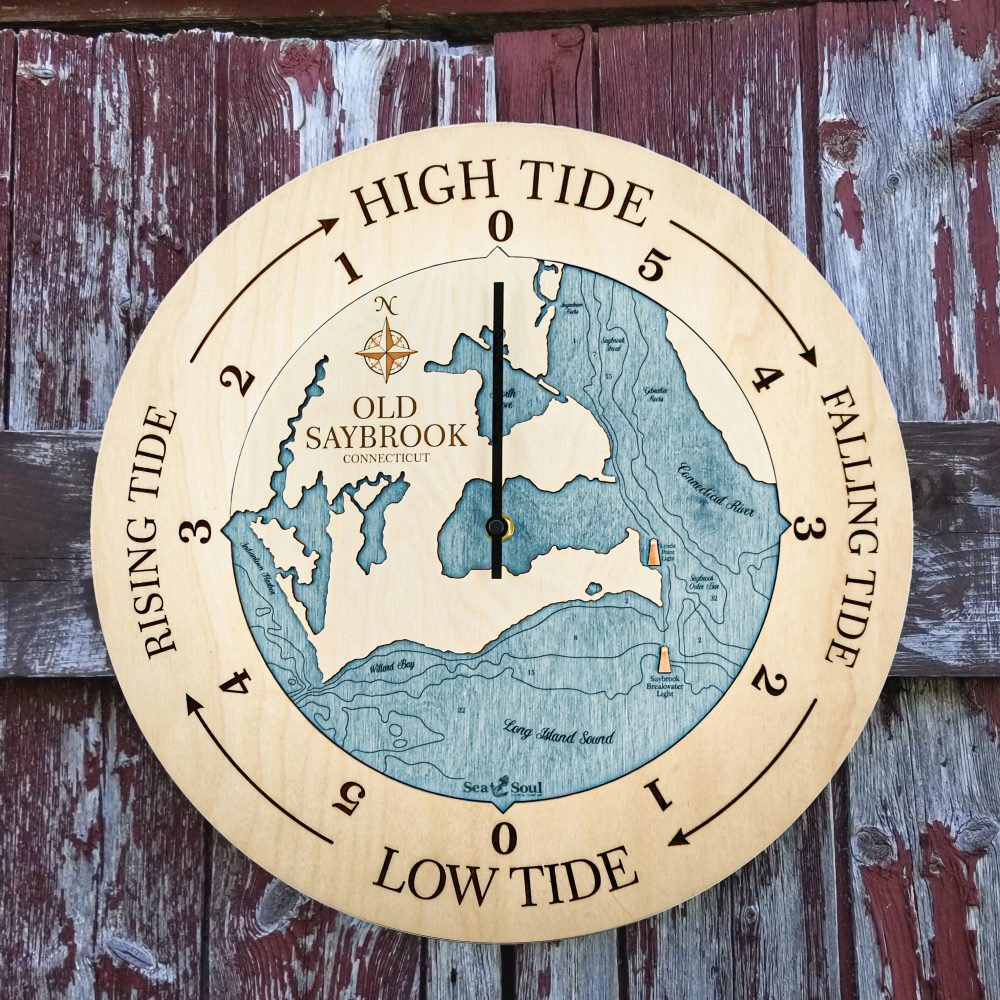 Old Saybrook Tide Clock Birch Accent with Blue Green Water Hanging on Fence