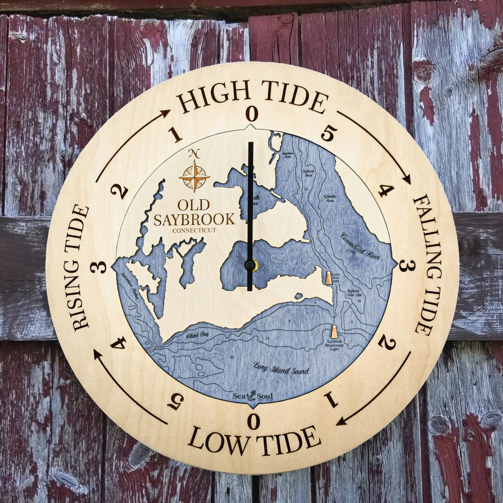 Old Saybrook Tide Clock Birch Accent with Deep Blue Water Hanging on Fence