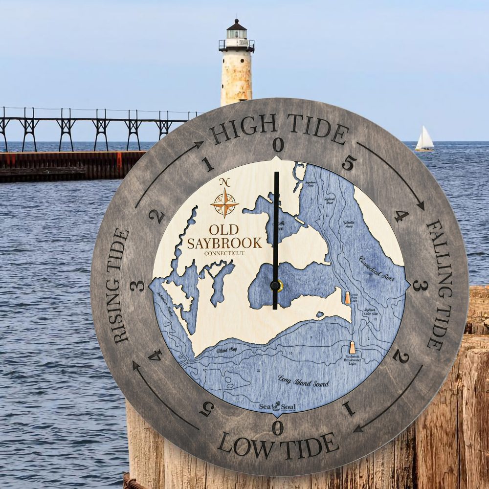 Old Saybrook Tide Clock Driftwood Accent with Deep Blue Water Hanging on Dock Post by Lighthouse