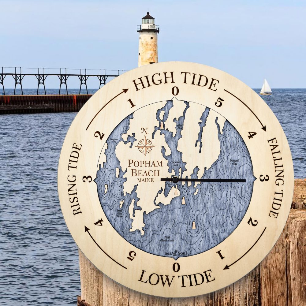 Popham Beach Tide Clock Birch Accent with Deep Blue Water by Lighthouse and Waterfront