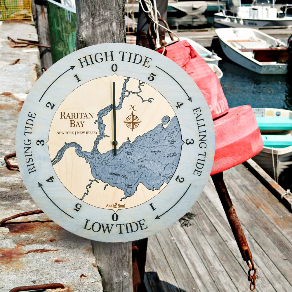 Raritan Bay Tide Clock Bleach Blue Accent with Deep Blue Water Hanging on Dock Post