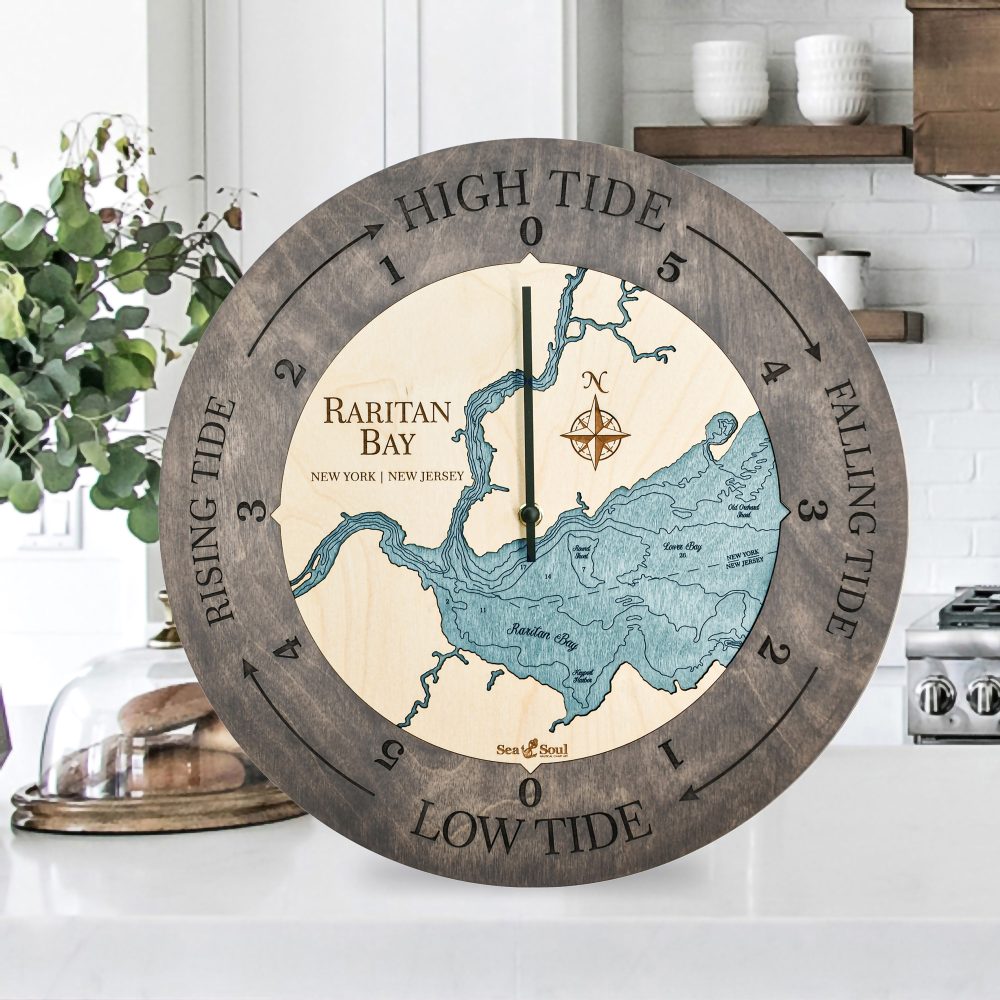 Raritan Bay Tide Clock Driftwood Accent with Blue Green Water Sitting on Countertop