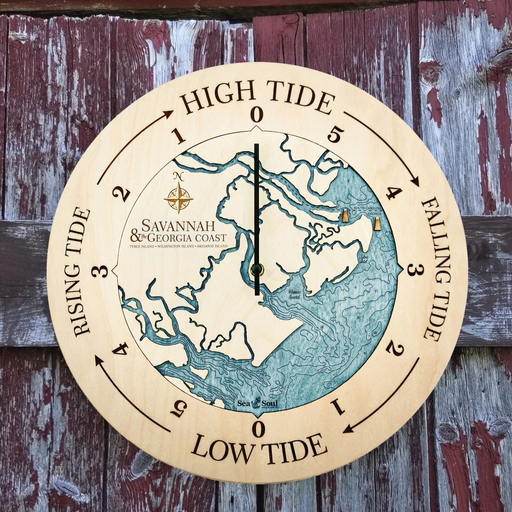 Georgia Coast Tide Clock Birch Accent with Blue Green Water Hanging on Fence