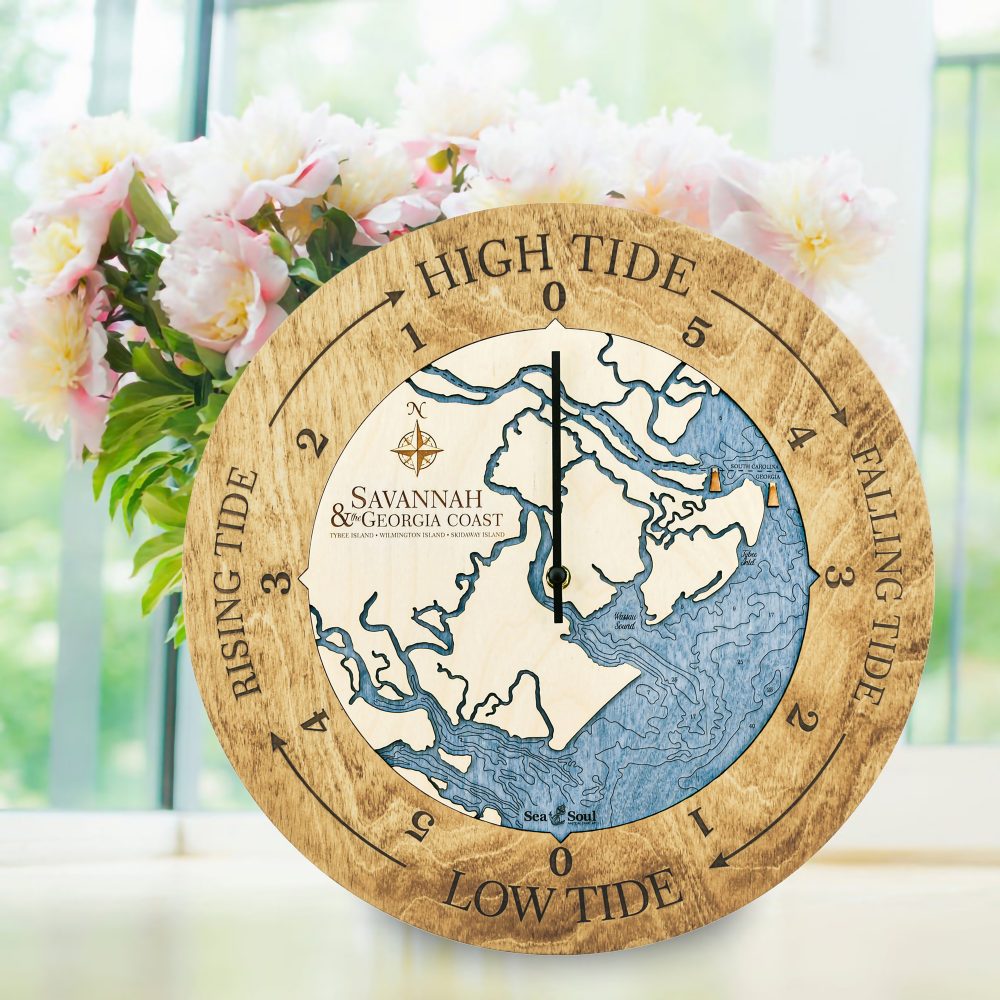Georgia Coast Tide Clock Honey Accent with Deep Blue Water Sitting on Windowsill with Flowers