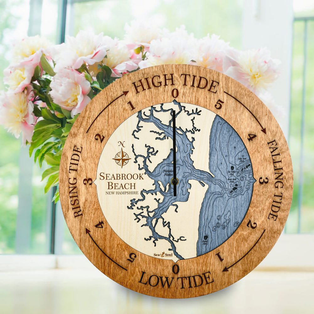 Seabrook Beach Tide Clock Americana Accent with Deep Blue Water Sitting on Windowsill with Flowers
