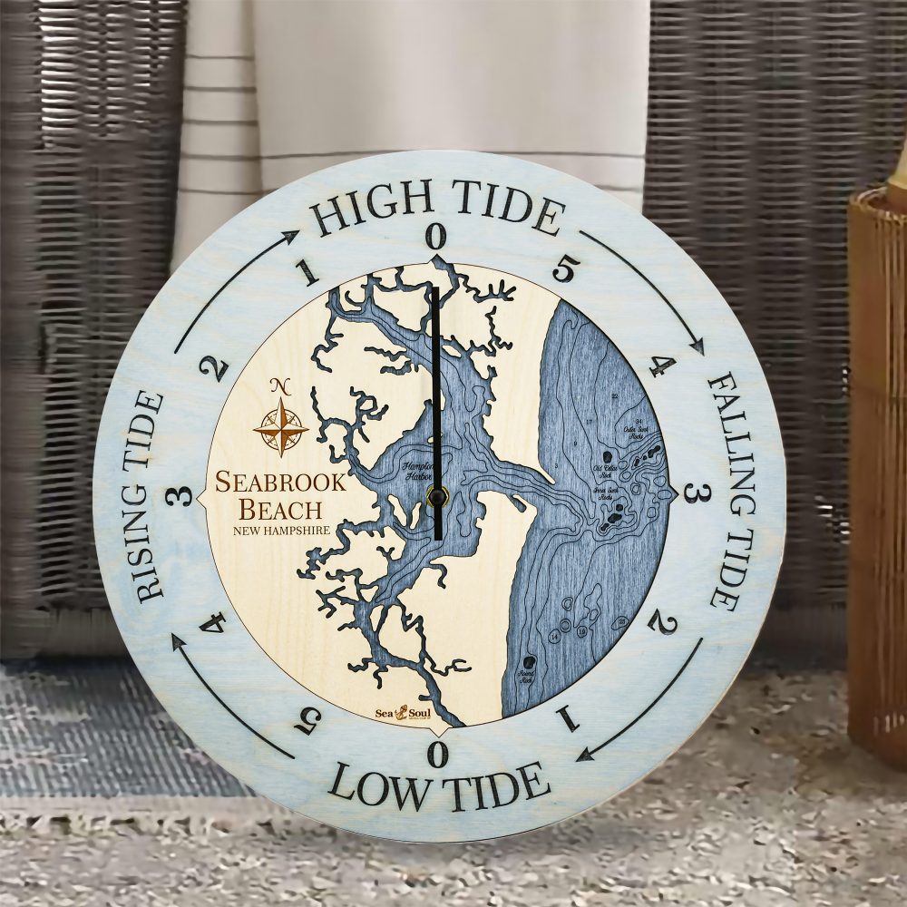 Seabrook Beach Tide Clock Bleach Blue Accent with Deep Blue Water Sitting on Ground by Outdoor Chair