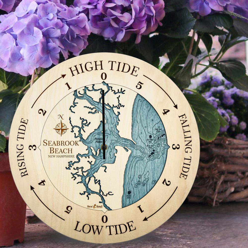 Seabrook Beach Tide Clock Birch Accent with Blue Green Water Sitting on Ground by Flower Pot