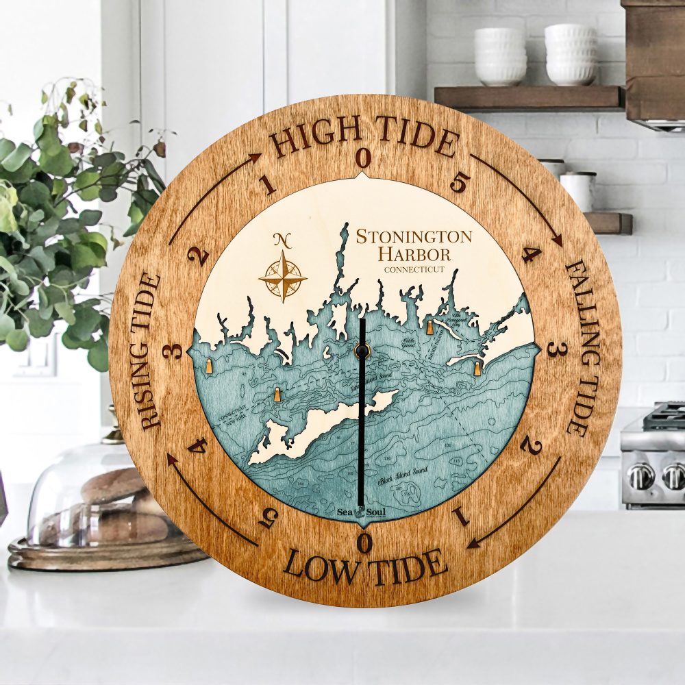 Stonington Harbor Tide Clock Americana Accent with Blue Green Water Sitting on Countertop