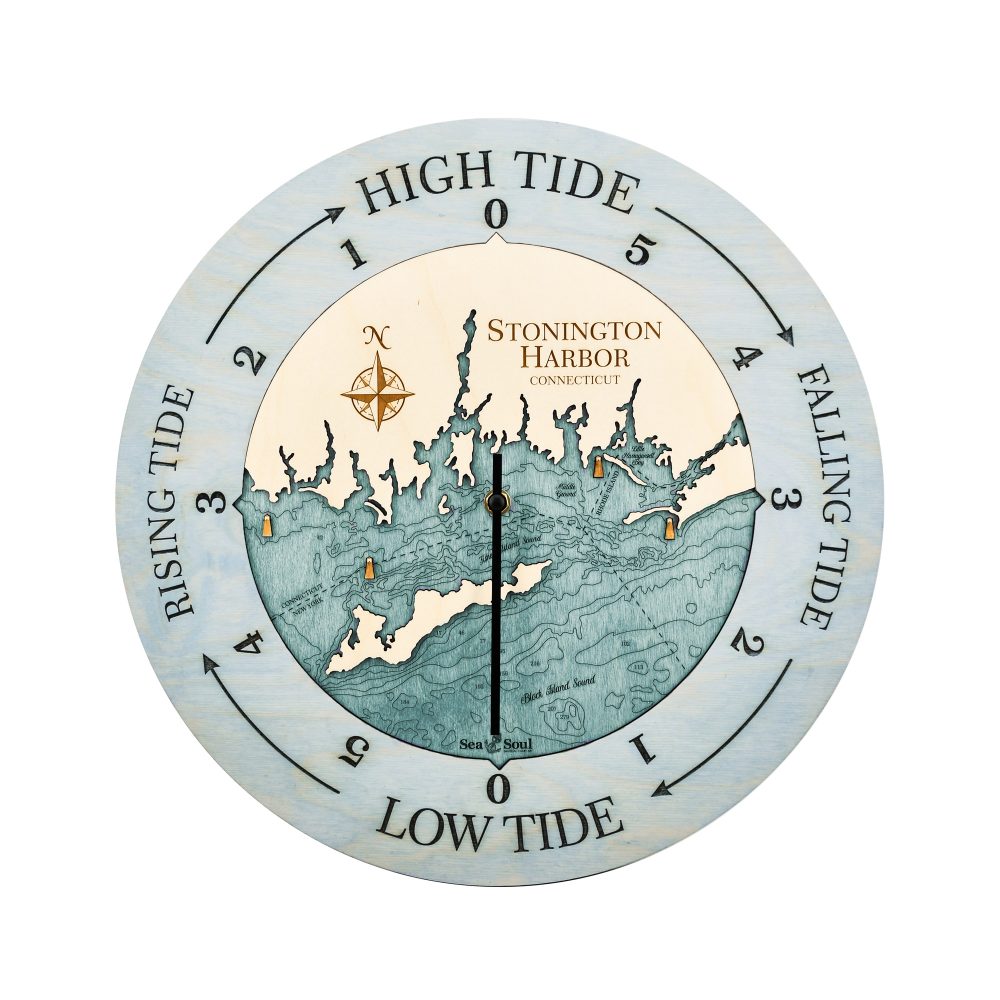 Stonington Harbor Tide Clock Bleach Blue Accent with Blue Green Water