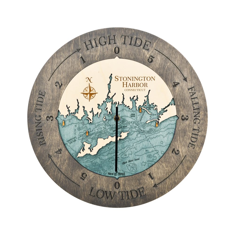 Stonington Harbor Tide Clock Driftwood Accent with Blue Green Water